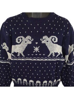 Vintage Ram Christmas Sweater Womens Size Medium Blue 80s All Over Print